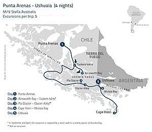 Itinerary map of M/V Stella Australis 5-Day Cruise SAT-WED: Punta Arenas to Ushuaia