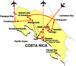 Map of EcoAdventures' Suggested Itinerary All Around Costa Rica Tour