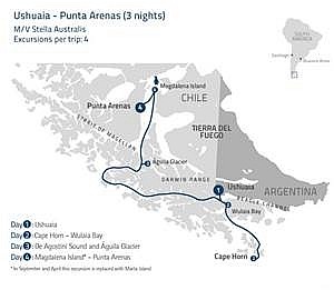 Itinerary map of M/V Stella Australis 4-Day Cruise WED-SAT: Ushuaia to Punta Arenas