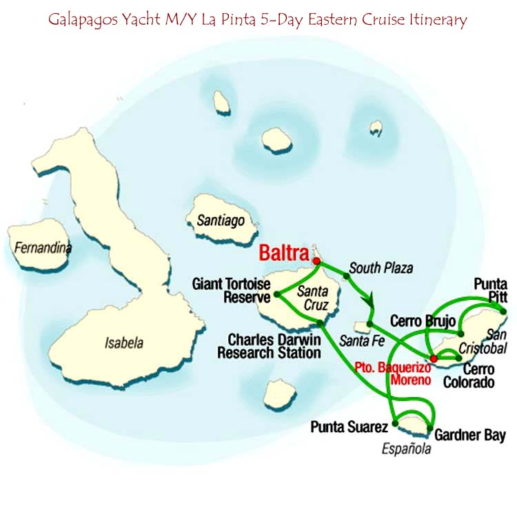 Galapagos Yacht M/Y La Pinta 5-Day Eastern Galapagos Islands Itinerary Map