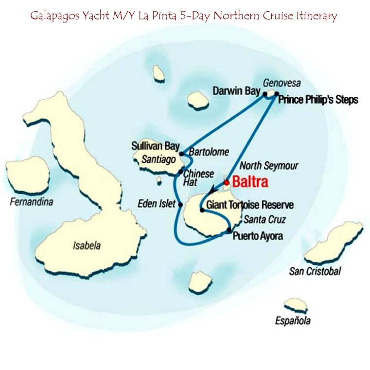 Galapagos Yacht M/Y La Pinta 5-Day Eastern Galapagos Islands Itinerary Map