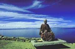 Indian worshipper on Sun Island, Lake Titicaca, Bolivia