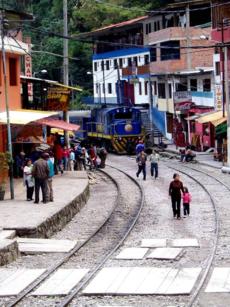 PeruRail Expedition Train arriving in Machu Picchu Town (formerly named Agua Calientes), the gateway to Machu Picchu.