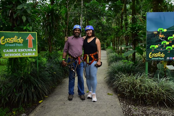 Rod and Jiamin Laughridge at the Ecoglide Canopy Tour entrance in Costa Rica.