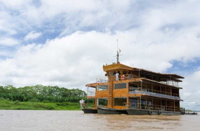 M/V Delfin I exploring the remote tributaries of the upper Amazon River.