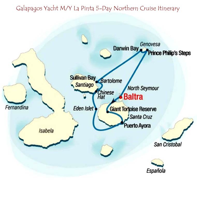 Galapagos Yacht M/Y La Pinta 5-Day Eastern Galapagos Islands Itinerary Map Galapagos Yacht M/Y La Pinta 5-Day Eastern Galapagos Islands Itinerary Map