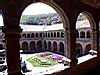 View of courtyard from second floor covered walkway, Belmond Monasterio San Antonio Hotel, Cuzco, Peru